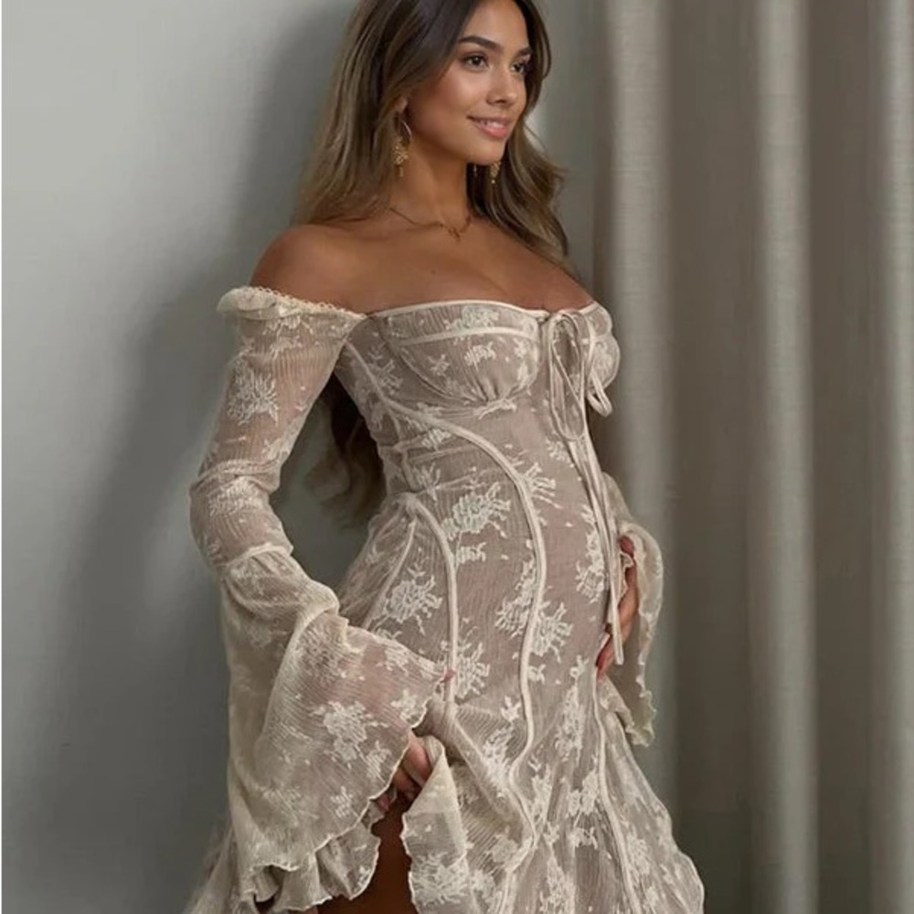 Momyknows Maternity Cream Off-Shoulder Lace Dress